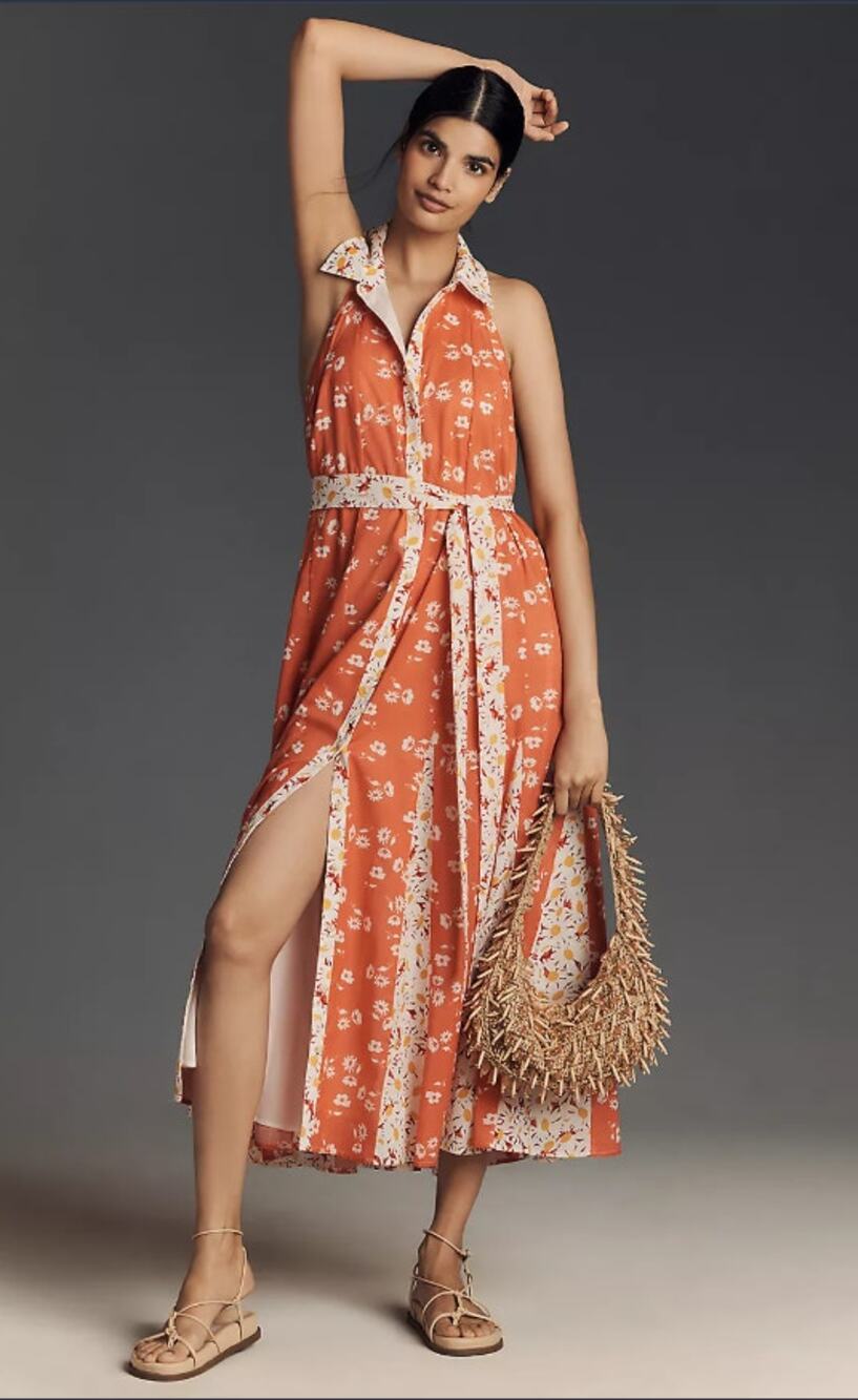 EUC Anthropologie Maeve Halter Open-Back Godet Midi Shirt Dress - Medium